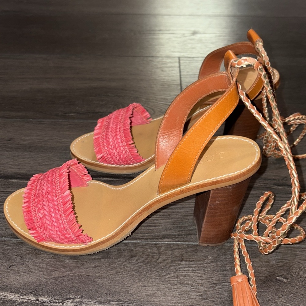J. Crew Raffia Ankle Tie Block Heel Sandal Size 7 Tan/Pink/Gold - Picture 6 of 15